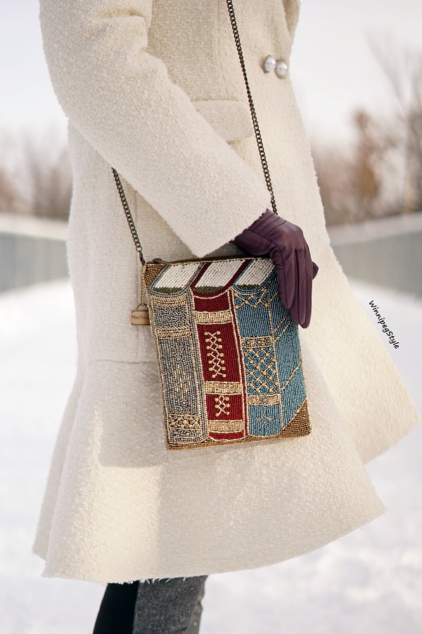Winnipeg Style, Canadian fashion blog, vintage classic style, Chicwish Asymmetrical frill tweed winter white coat, Mary Frances book beaded handbag, winter style, Canadian winter style